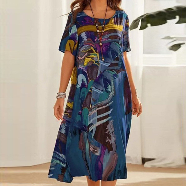 Women's Abstract Print Short Sleeve Dress | Midi