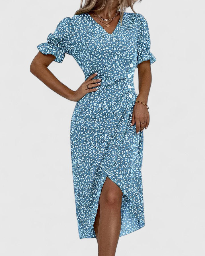 Women's Elegant Wrap Style Side Button Detail Summer Dress | Midi