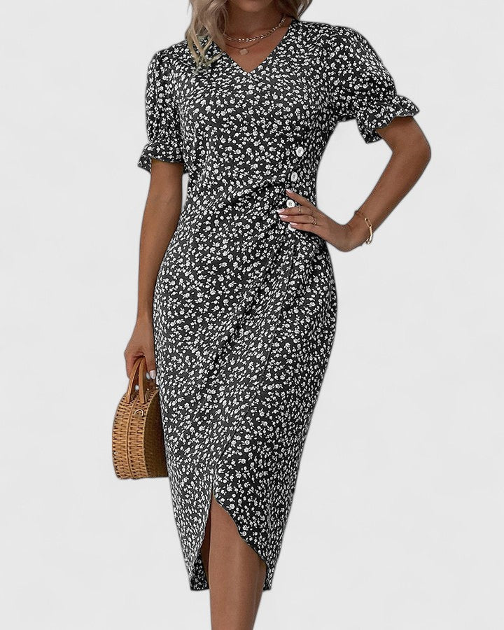 Women's Elegant Wrap Style Side Button Detail Summer Dress | Midi