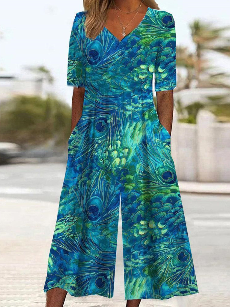 Women's Wide Leg Jumpsuit | Peacock Print