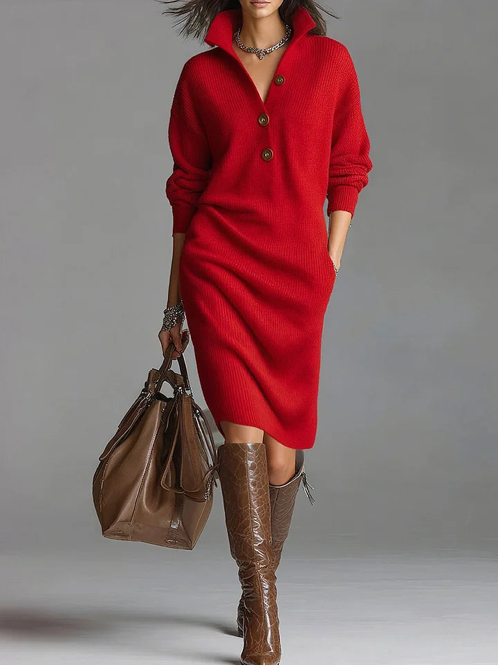 Women's Button Placket Ribbed Dress | Midi