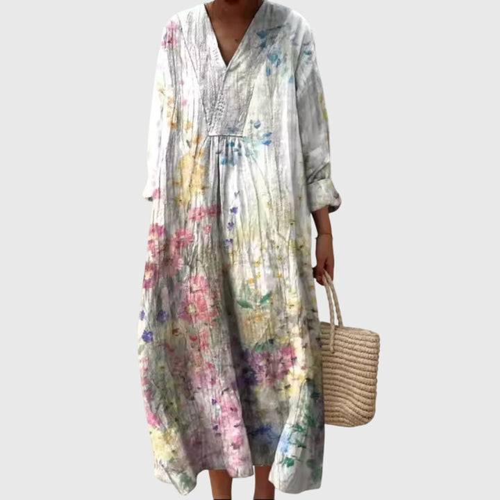 Women's Vintage Boho Print Shift V-Neck Dress | Midi