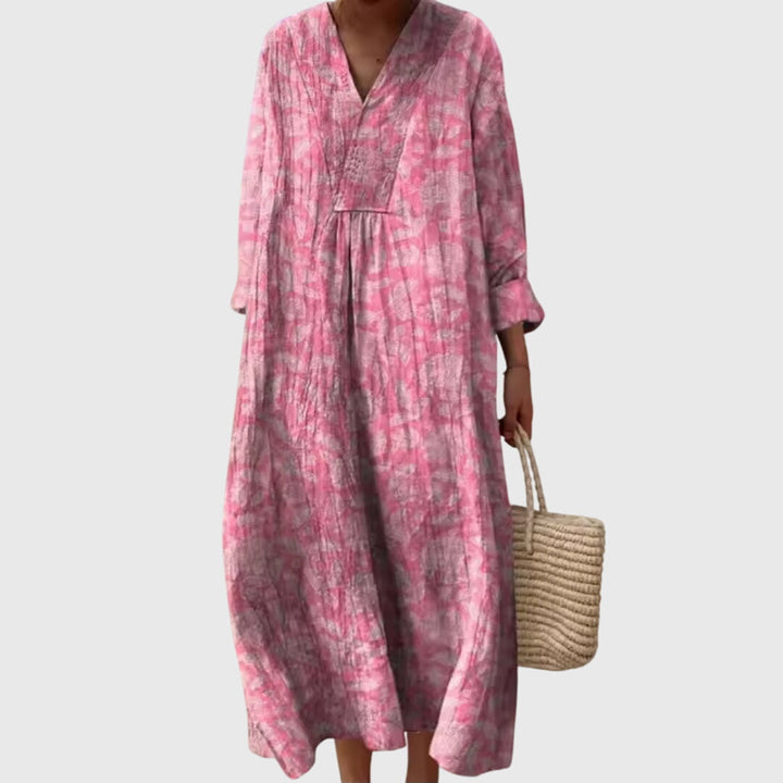 Women's Vintage Boho Print Shift V-Neck Dress | Midi