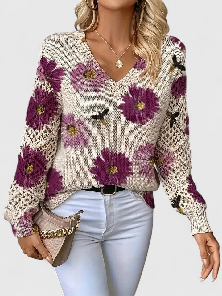 Women's Floral Knit V-Neck Jumper | Long Sleeve