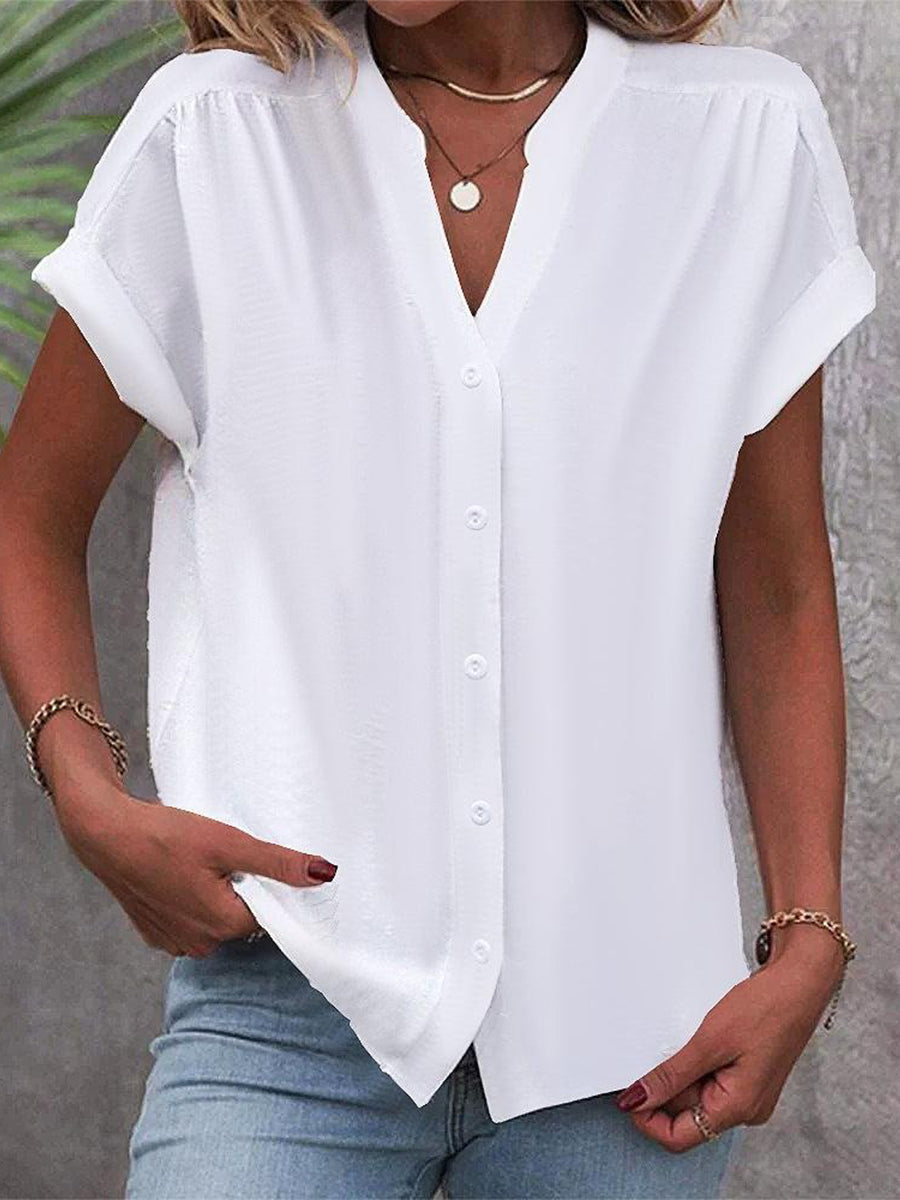 Women's Button-Front Short Sleeve Blouse | V-Neck
