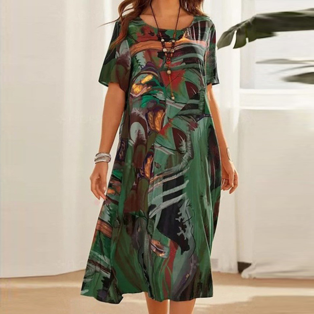 Women's Abstract Print Short Sleeve Dress | Midi