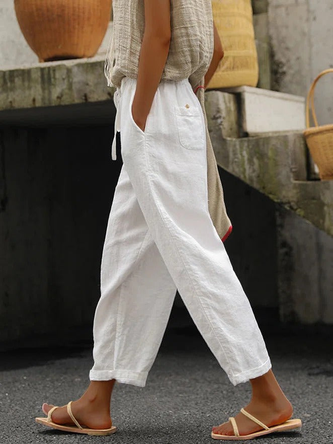 Women's White Loose Drawstring Trousers | Summer