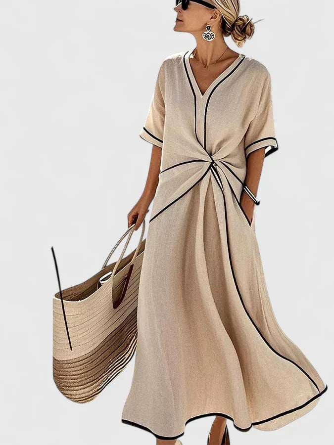 Women's Elegant Summer Contrast Detail Relaxed Fit Vacation Dress | Maxi