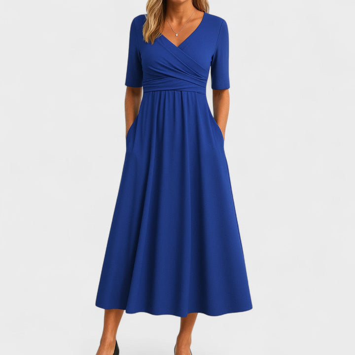 Women's Elegant Wrap Style Wedding Guest V-Neck Dress | Midi