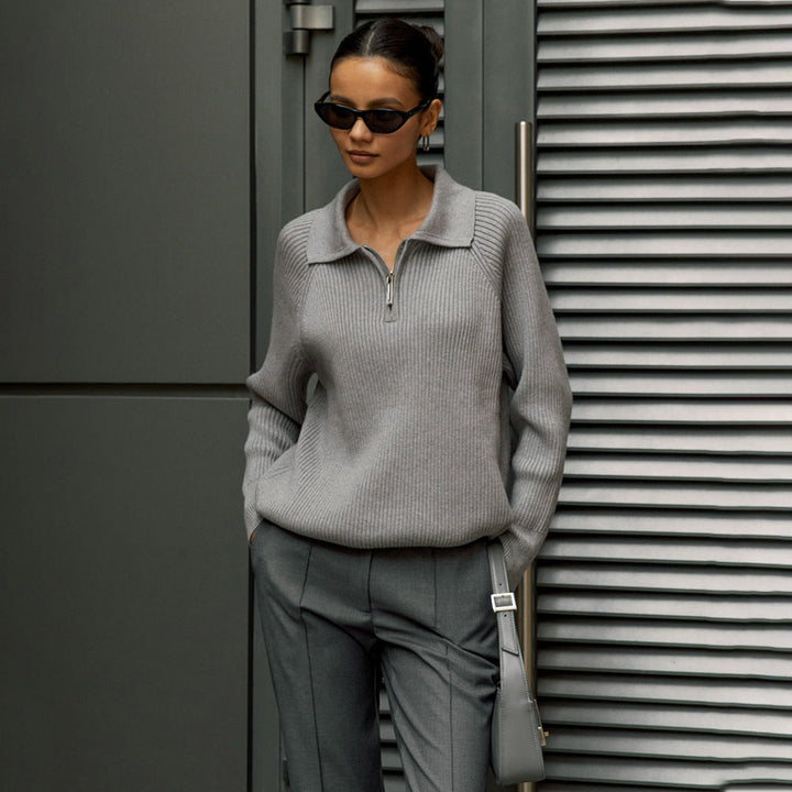Women's Quarter Zip Polo Jumper | Ribbed