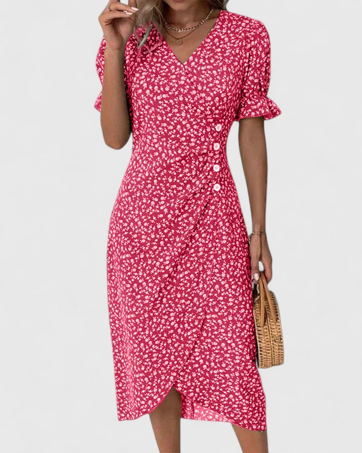 Women's Elegant Wrap Style Side Button Detail Summer Dress | Midi