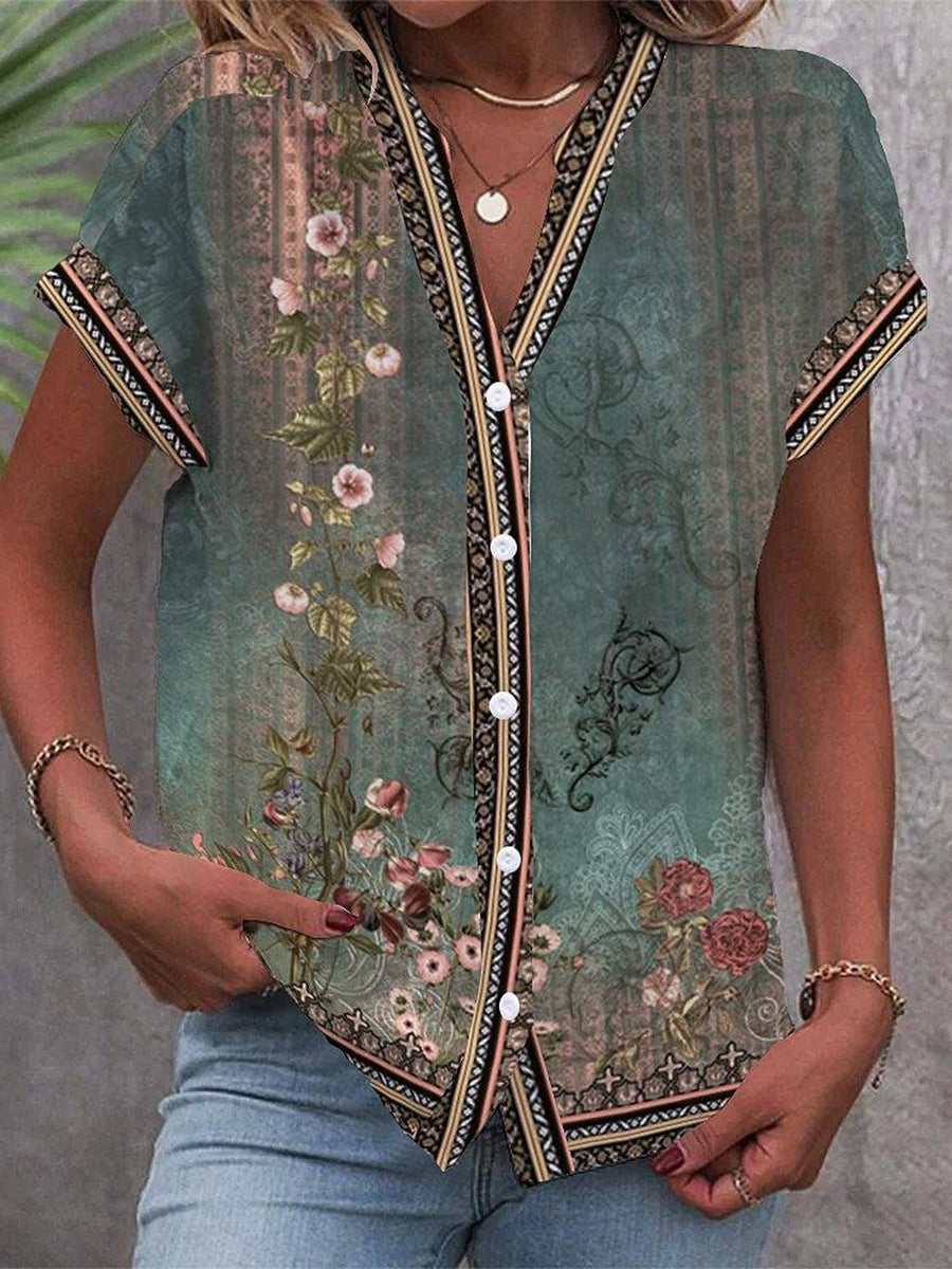 Women's Short Sleeves Printed Blouse | Button Down