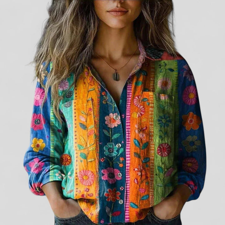 Women's Vintage Boho Print Collared Shirt | Long Sleeves