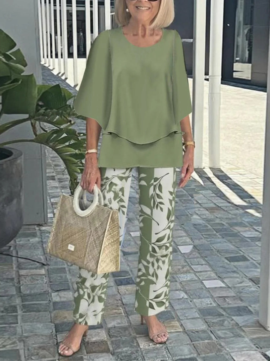 Women's Two Piece Layered Top Set | Wide Leg Trousers