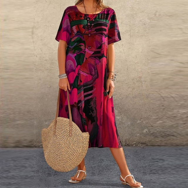 Women's Abstract Print Short Sleeve Dress | Midi