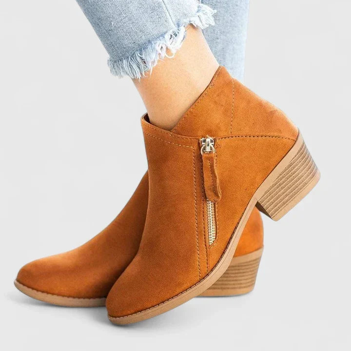 Women's Pointed Toe Zip Ankle Boots | Block Heel