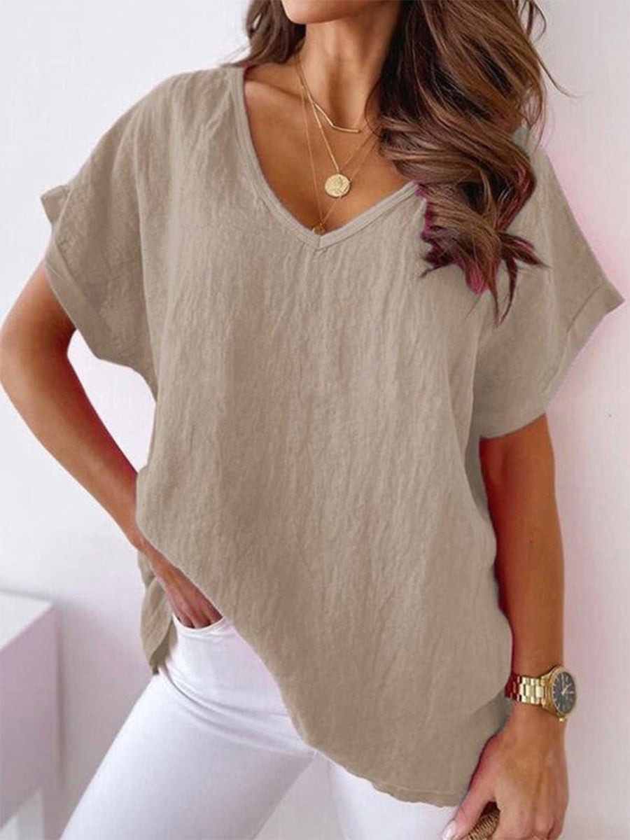 Women's Plain Casual Short Sleeve T-Shirt | V-Neck