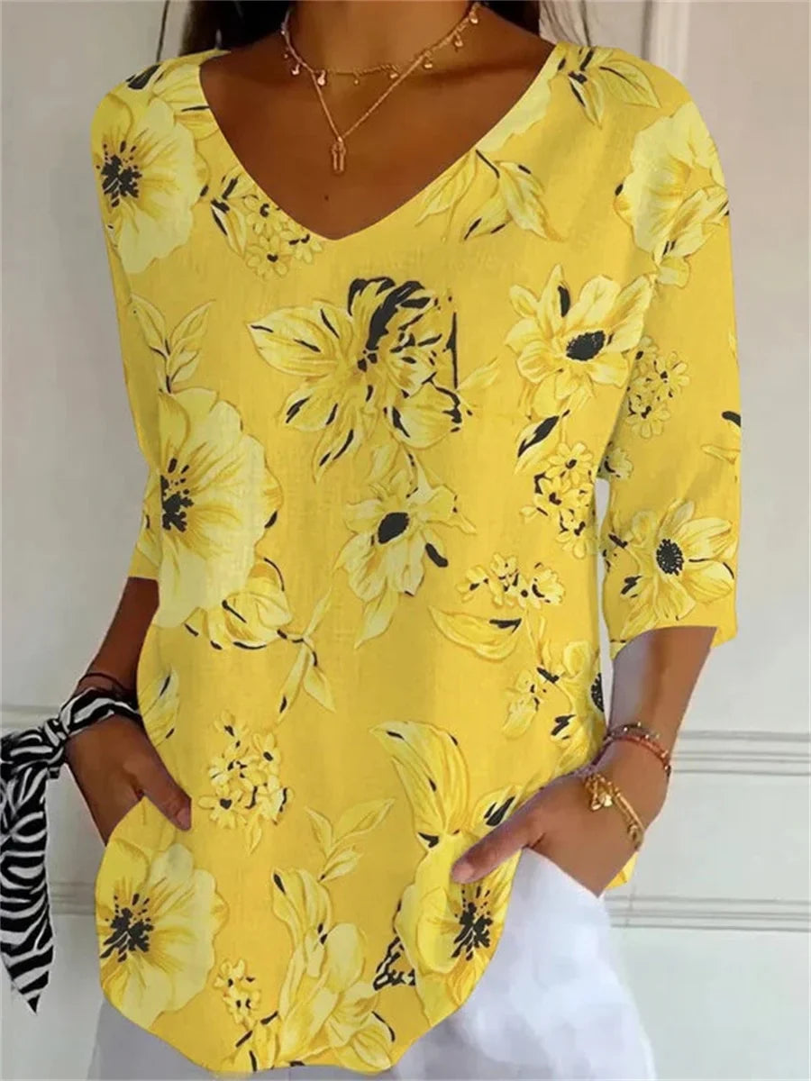 Women's Floral Yellow V-Neck Top | Summer
