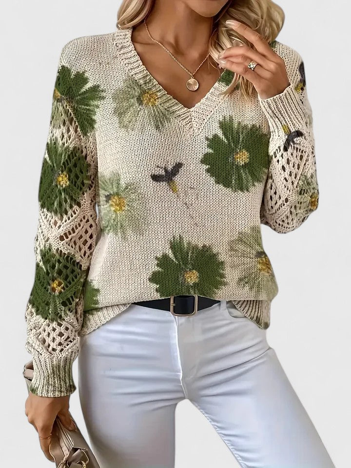 Women's Floral Knit V-Neck Jumper | Long Sleeve