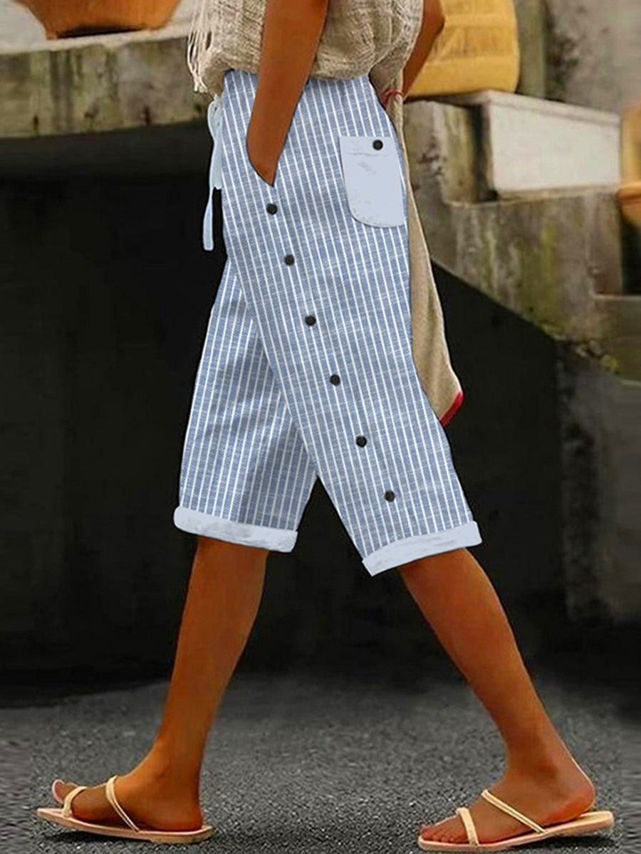 Women's Casual Striped Capri Pants | Button Detail
