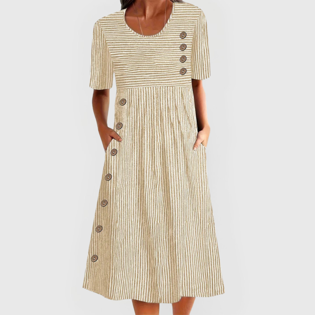 Women's Casual Side Button Detail Striped Dress | Midi