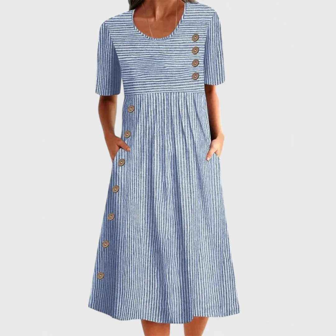 Women's Casual Side Button Detail Striped Dress | Midi