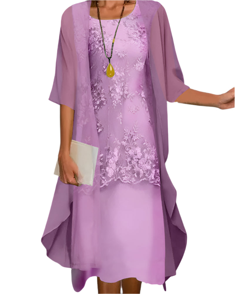 Women's Elegant Midi Dress and Sheer Cardigan Set | Two Piece