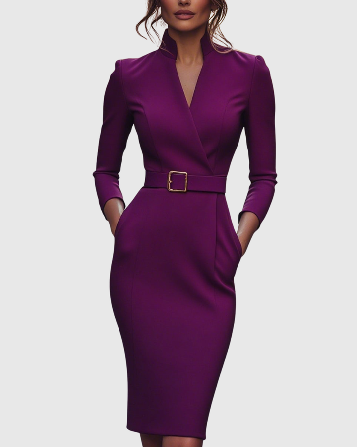Women's Tailored Formal Belted Dress | Midi