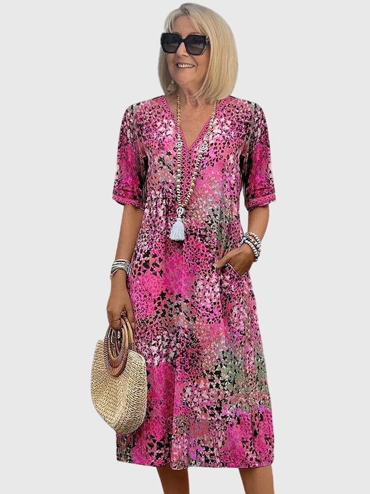 Women's Elegant V-Neck Floral Print Dress | Midi