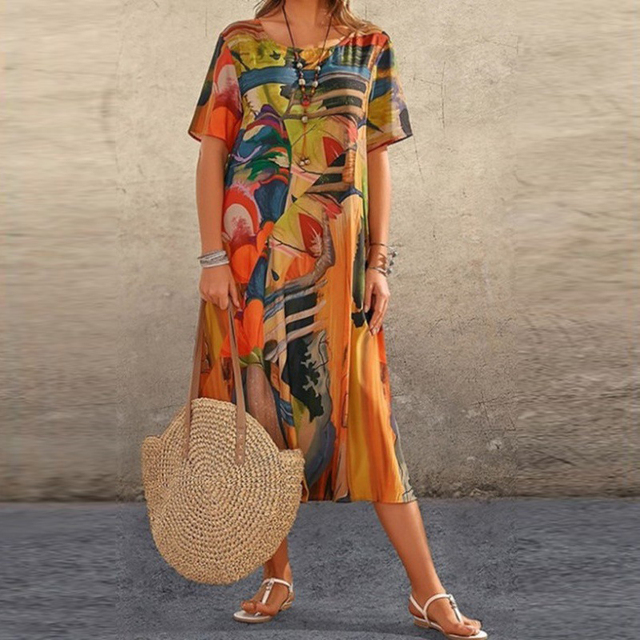 Women's Abstract Print Short Sleeve Dress | Midi