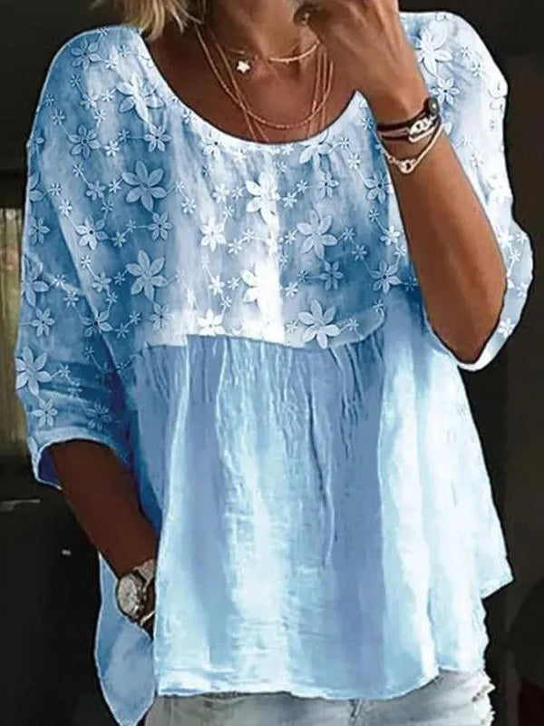 Women's Floral Embroidered Loose-Fit Blouse | 3/4 Sleeve