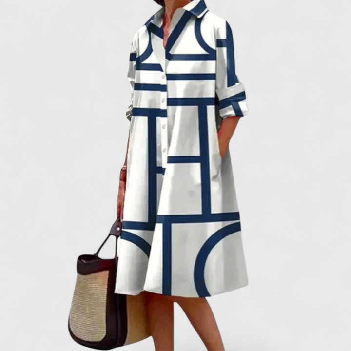 Women's Geometric Print Collared Shirt Summer Dress | Midi