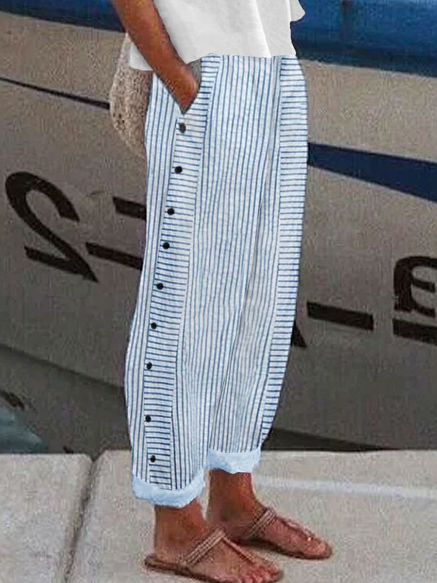 Women's Striped Side-Button Casual Trousers | Pockets