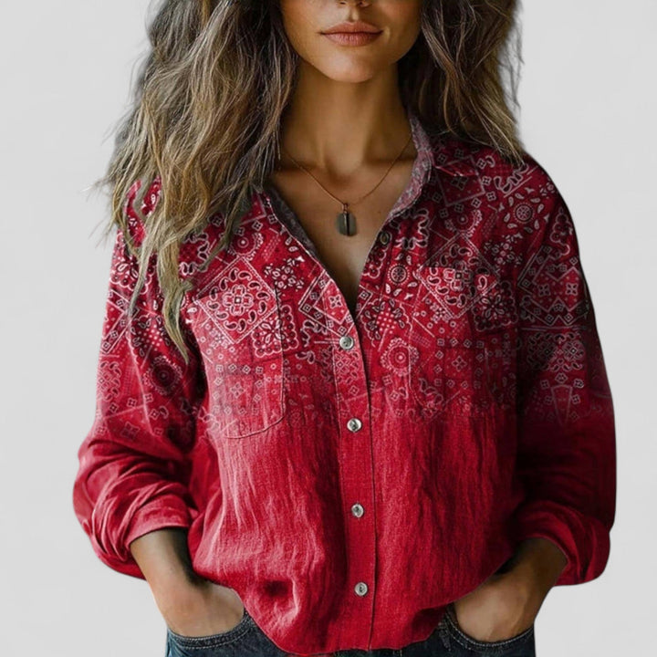 Women's Vintage Boho Print Collared Shirt | Long Sleeves