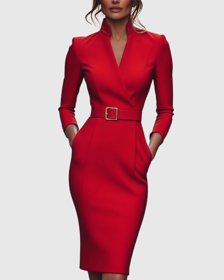 Women's Tailored Formal Belted Dress | Midi