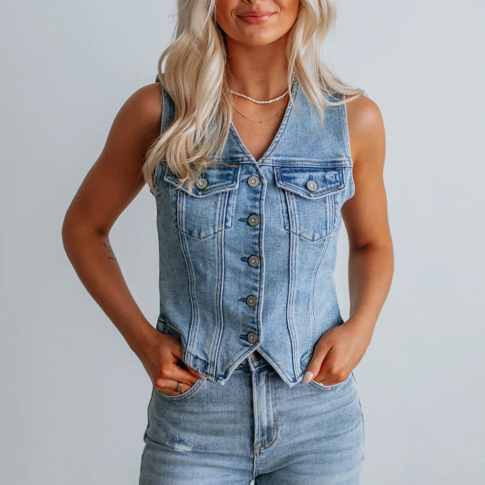 Women's Fitted Denim Vest | Chest Pocket