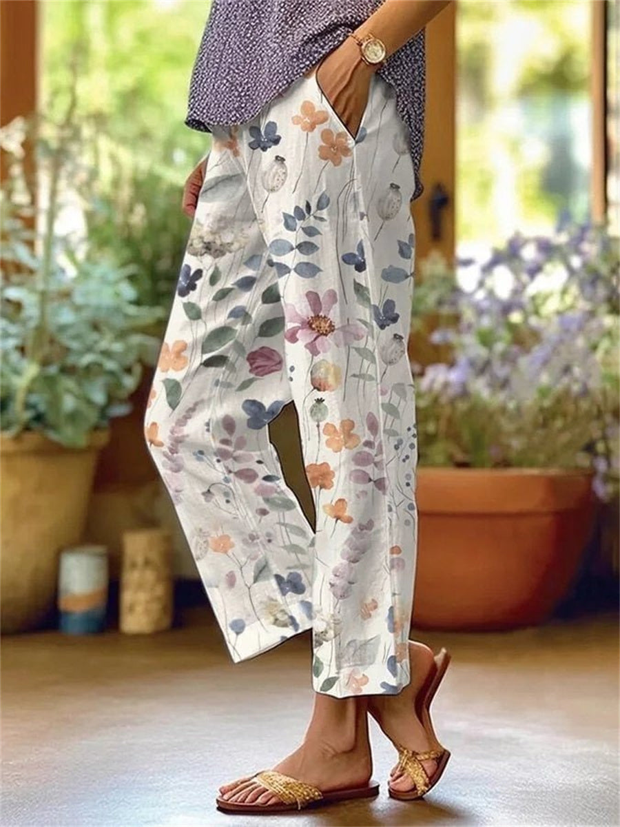Women's Floral Print Cropped Trousers | Pockets