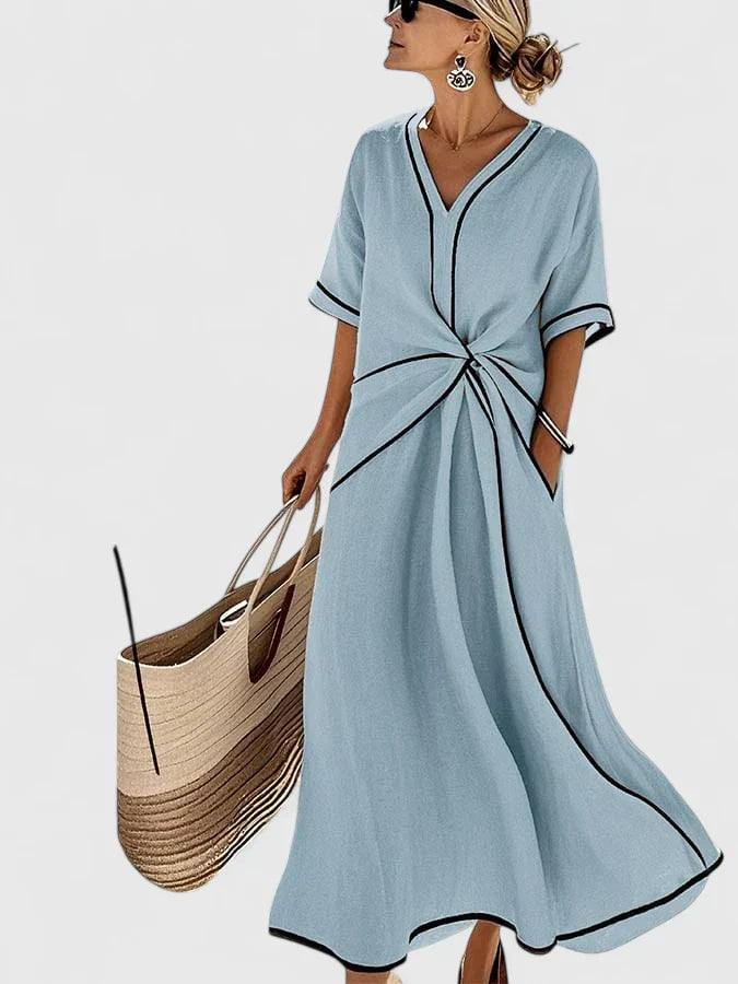 Women's Elegant Summer Contrast Detail Relaxed Fit Vacation Dress | Maxi