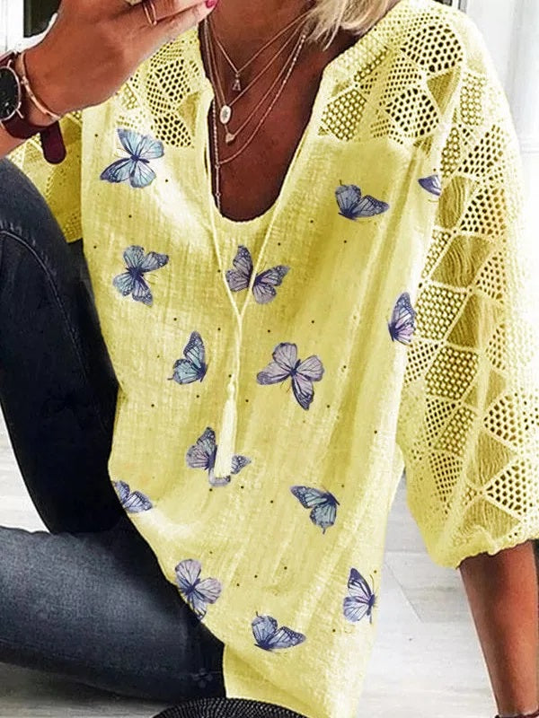Women's Butterfly Print Top | 3/4 Sleeves
