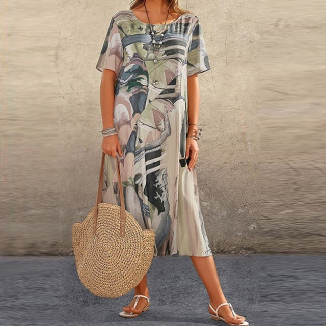 Women's Abstract Print Short Sleeve Dress | Midi