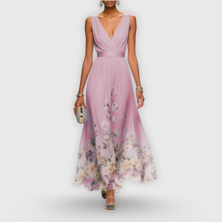 Women's Elegant Spring Floral Print Wedding Guest Dress | Maxi