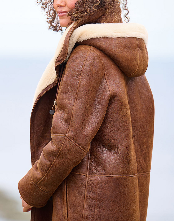 Women's Long Hooded Brown Duffle Jacket | Winter