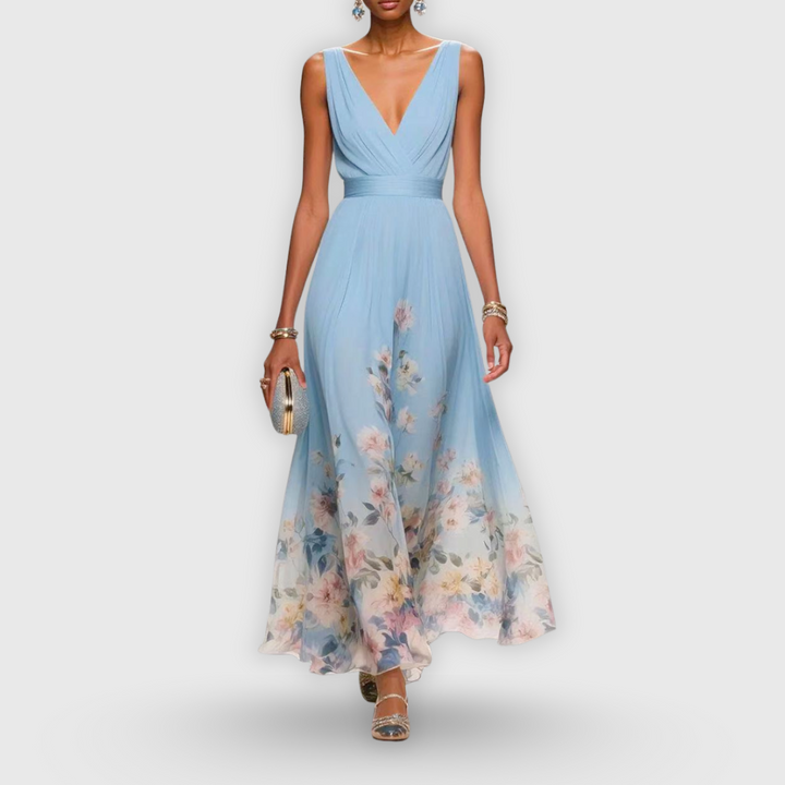 Women's Elegant Spring Floral Print Wedding Guest Dress | Maxi