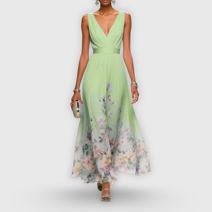 Women's Elegant Spring Floral Print Wedding Guest Dress | Maxi