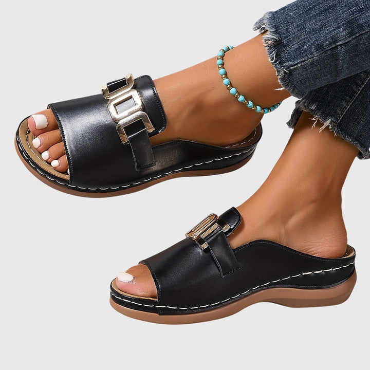 Women's Casual  Wedge Heel Slip On Sandals | Buckle Detail