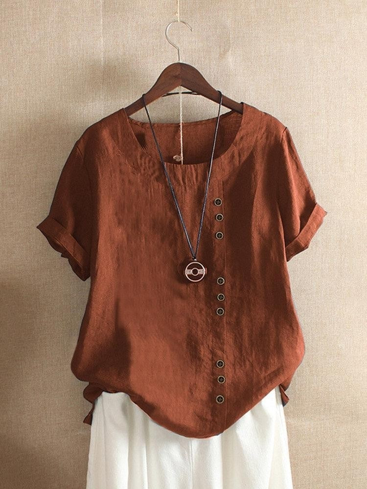 Women's Casual Loose-Fit Short Sleeve Blouse | Side Buttons