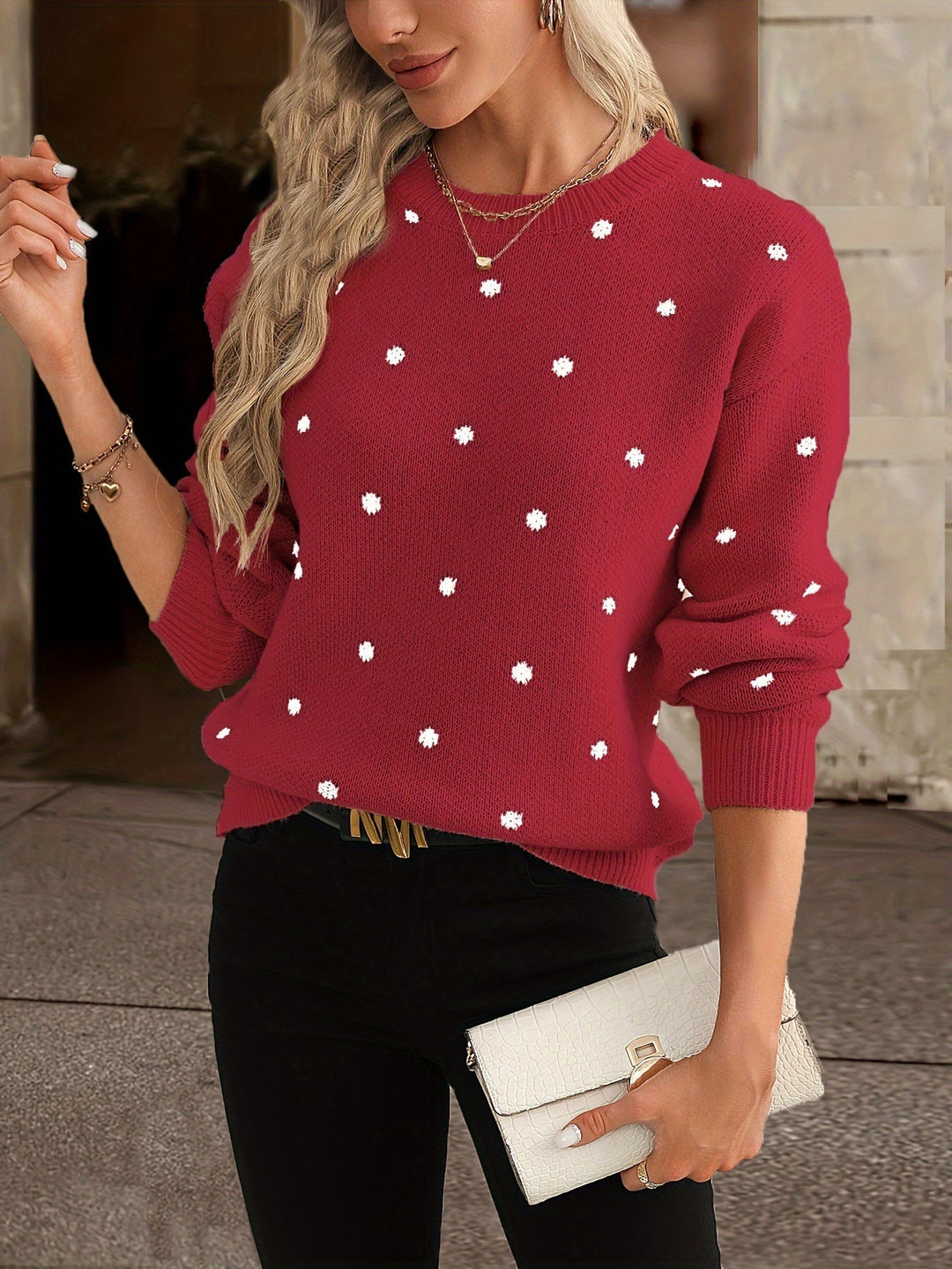 Women's Polka Dot Crew Neck Knitted Jumper | Winter