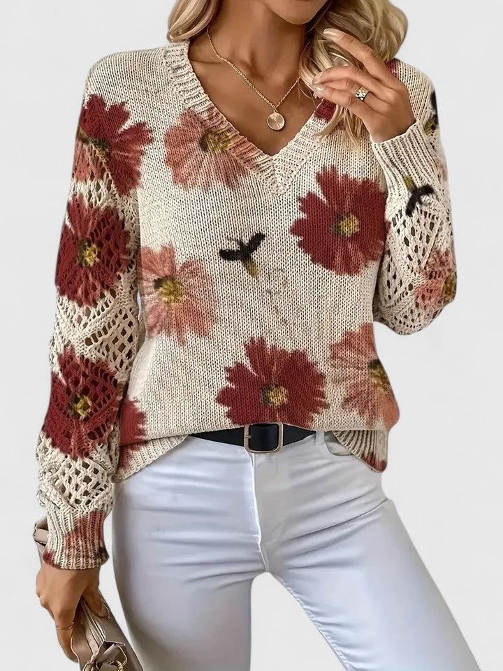 Women's Floral Knit V-Neck Jumper | Long Sleeve