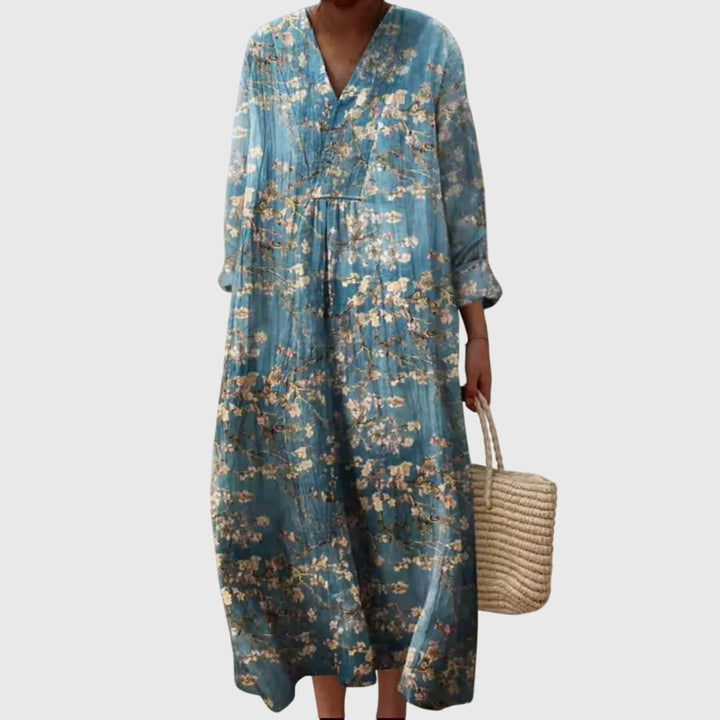 Women's Vintage Boho Print Shift V-Neck Dress | Midi