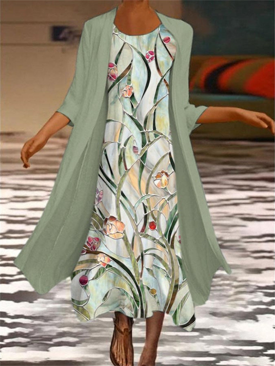 Women’s Elegant Floral Two-Piece Set | Dress and Cardigan